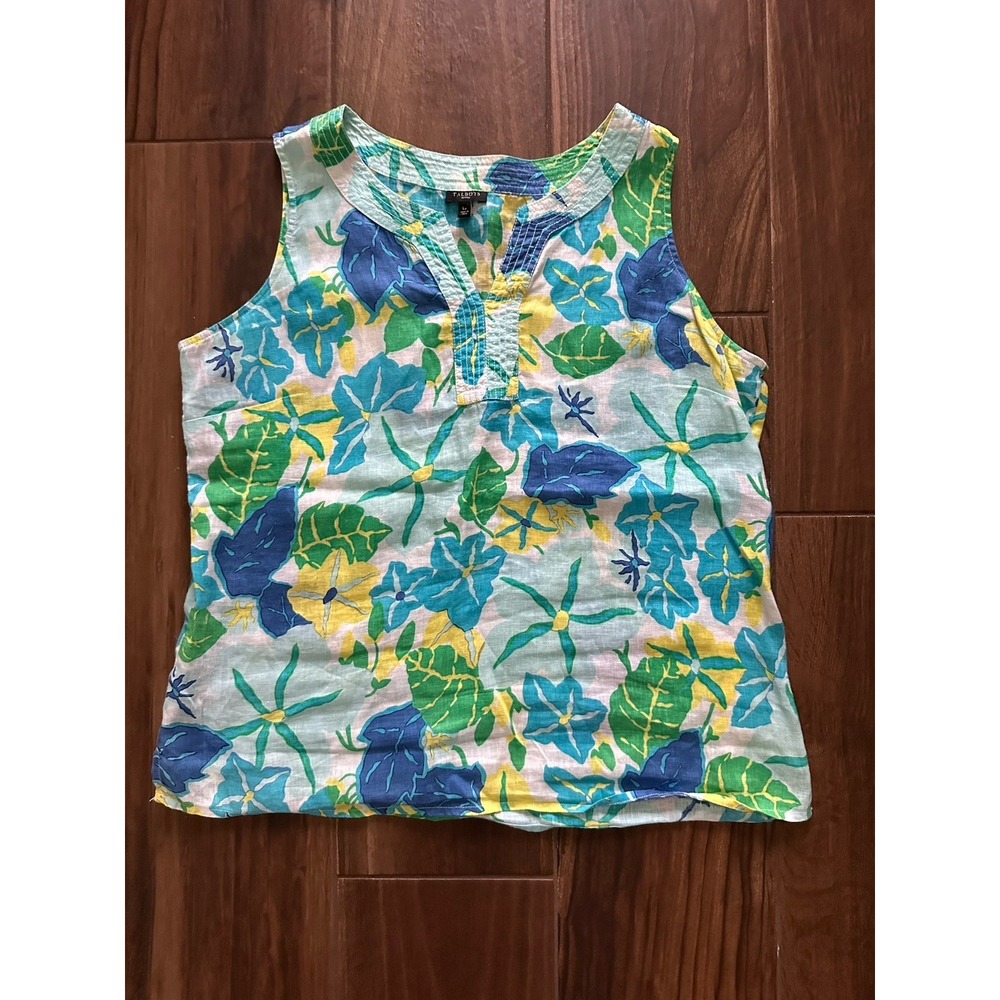 Talbots Sleeveless Top 100% Linen SZ PL Blue White Green Floral V Neck Artsy